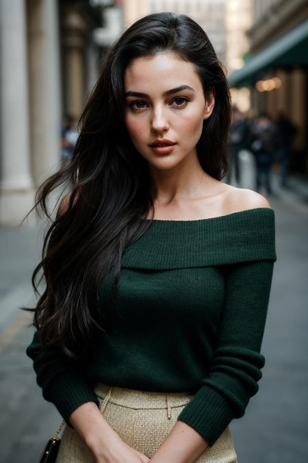 00072-1974260879-JernauMix4_Medusa-photo of gorgeous (mbe11ucci_0.99), a beautiful woman, perfect hair, (modern photo), (Grass Green off-shoulder sweater), 85mm, (.png